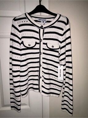 DKNY Black and White Striped Knit Cardigan